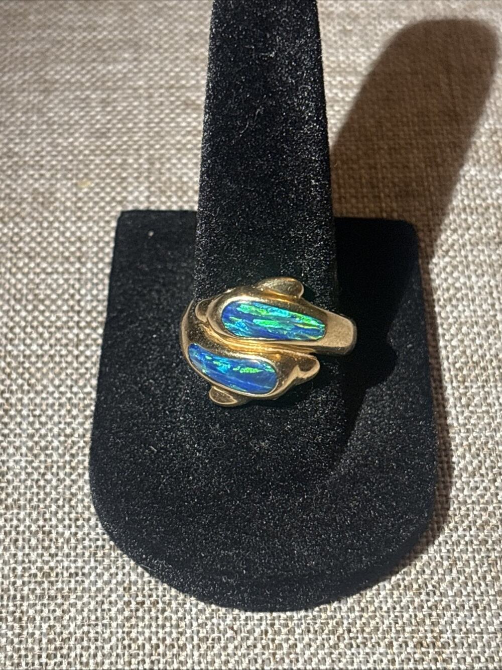 Vintage 14KM Gold Inlaid Blue Opal Dolphin Ring - 6.2g Size 8.5 Marked DZ